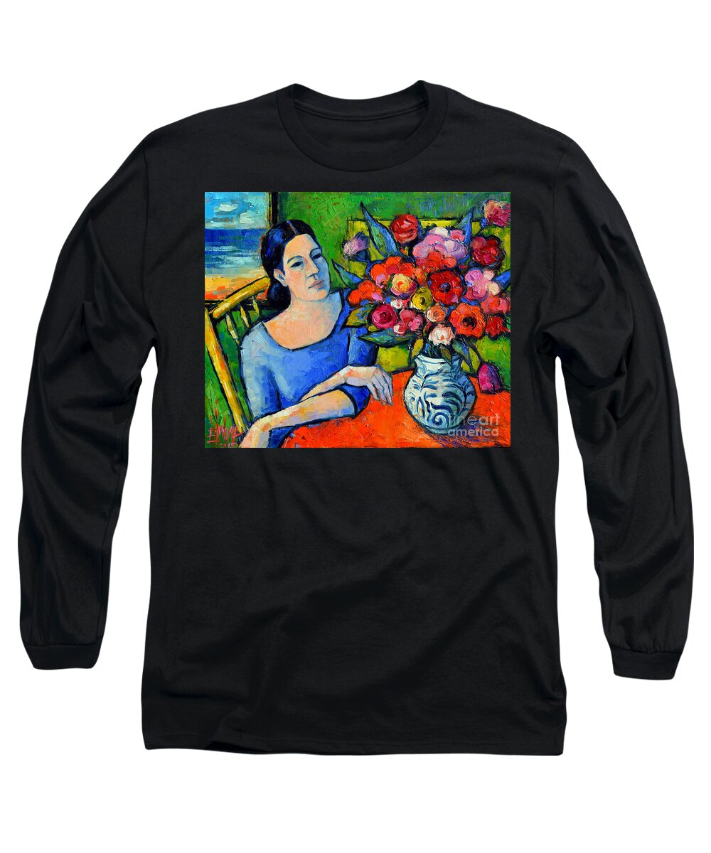 Portrait Of Woman With Flowers Long Sleeve T-Shirt featuring the painting Portrait Of Woman With Flowers by Mona Edulesco