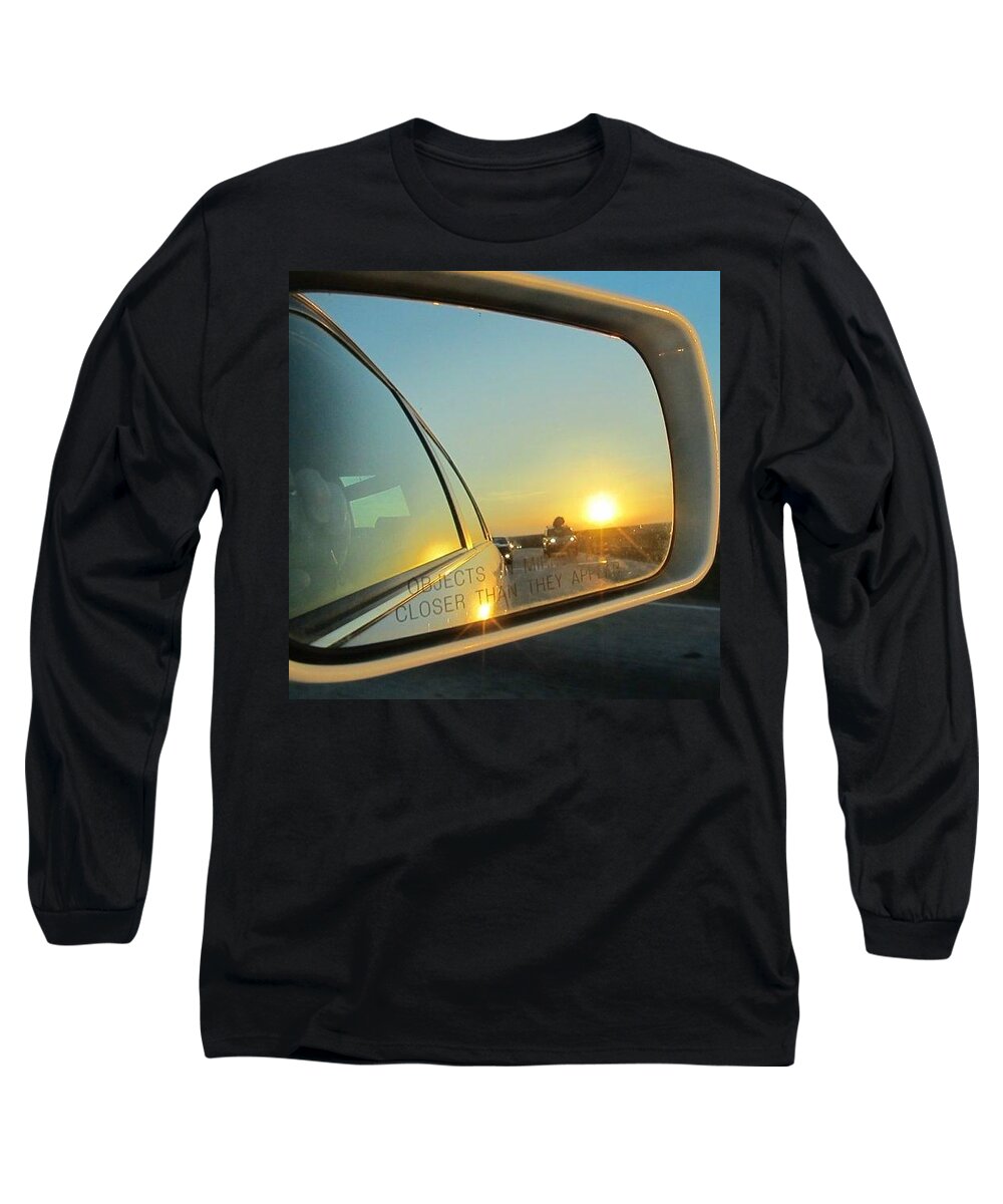 Rear View Mirror Sunset Long Sleeve T-Shirt featuring the photograph Rear View Sunset by Deborah Lacoste