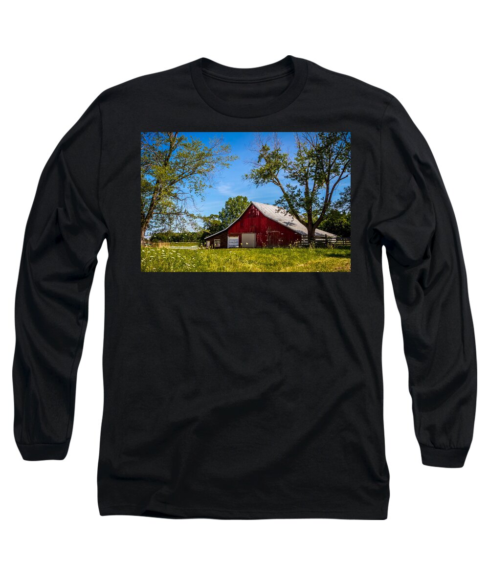 Art Long Sleeve T-Shirt featuring the photograph Red Barn in the Trees by Ron Pate
