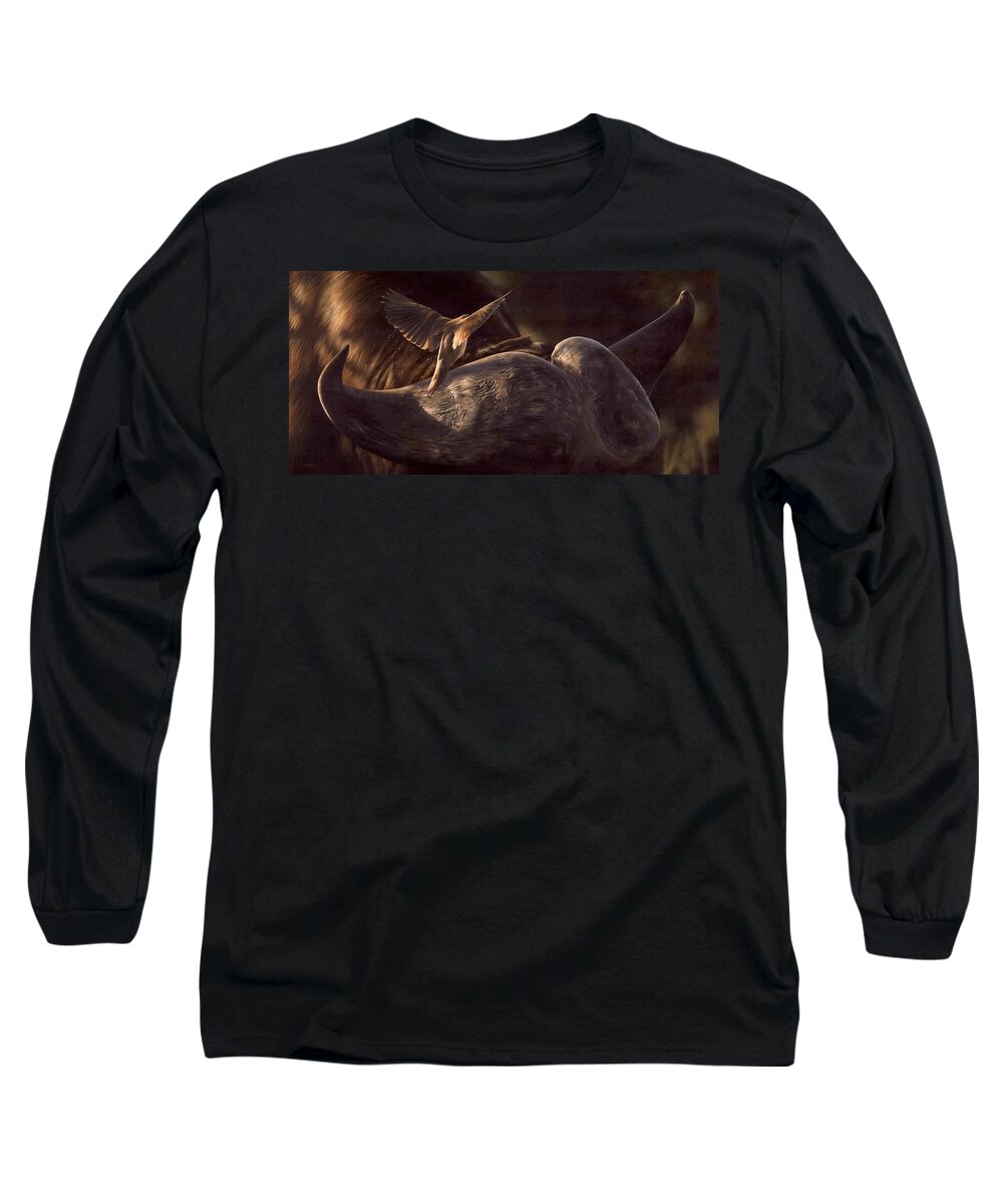 Buffalo Long Sleeve T-Shirt featuring the painting Red-Billed Oxpecker and Cape Buffalo Painting by Rachel Stribbling