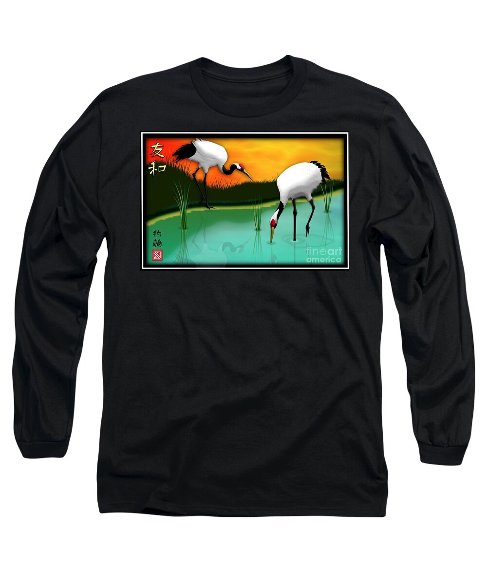 Red Crown Crane Long Sleeve T-Shirt featuring the digital art Red Crown Cranes by John Wills