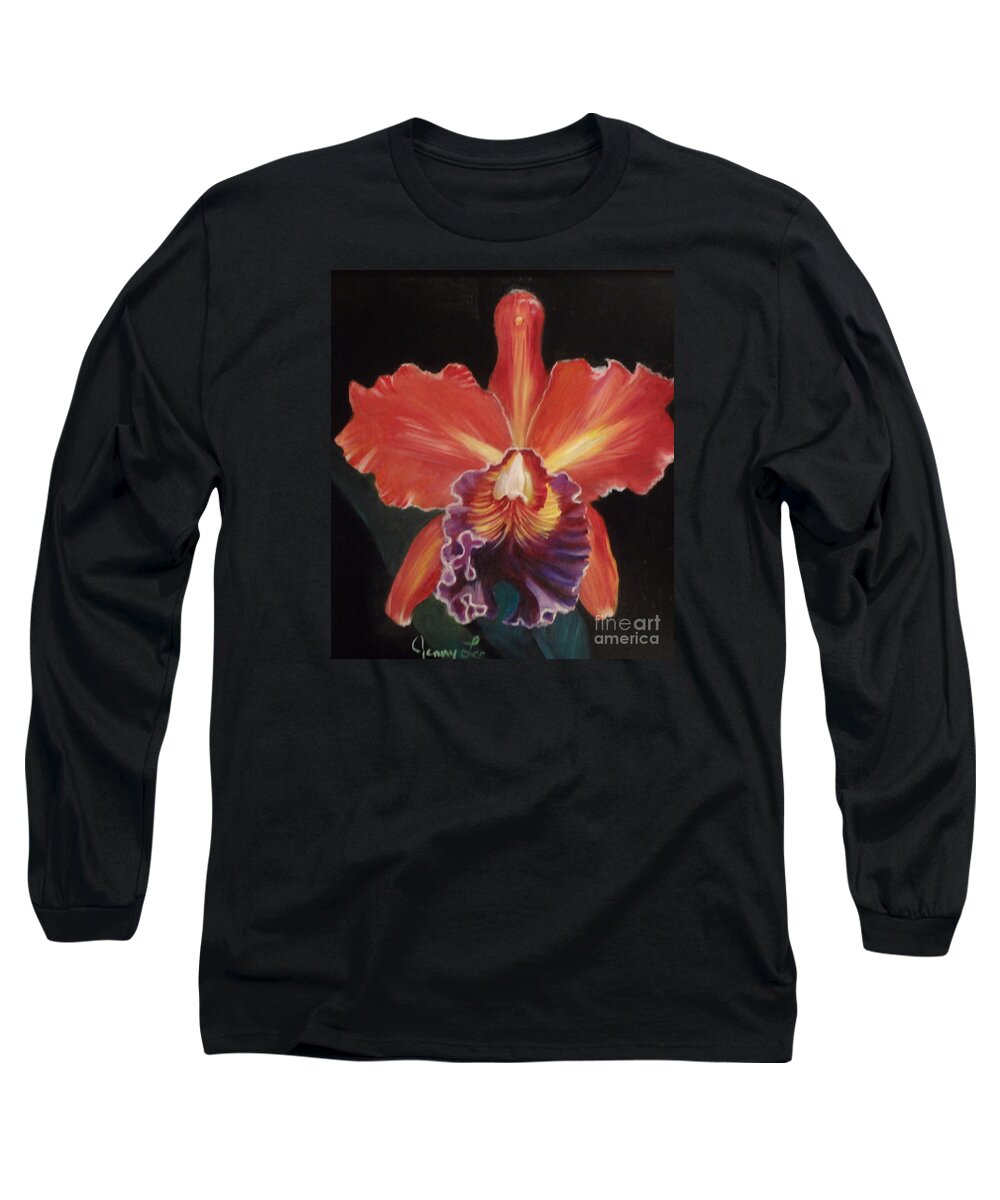 Red Hawaiian Orchid Long Sleeve T-Shirt featuring the painting Red Hawaiian Orchid by Jenny Lee