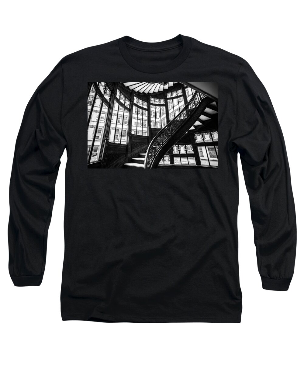 Chicago Long Sleeve T-Shirt featuring the photograph Rookery Building Winding Staircase and Windows - Black and White by Anthony Doudt