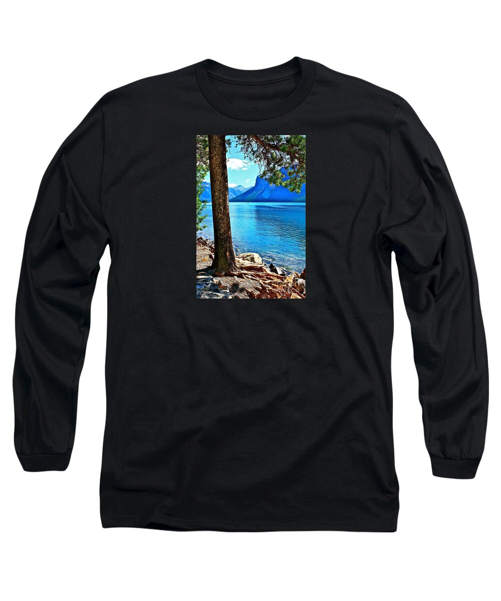 Lake Long Sleeve T-Shirt featuring the photograph Rooted in Lake Minnewanka by Linda Bianic