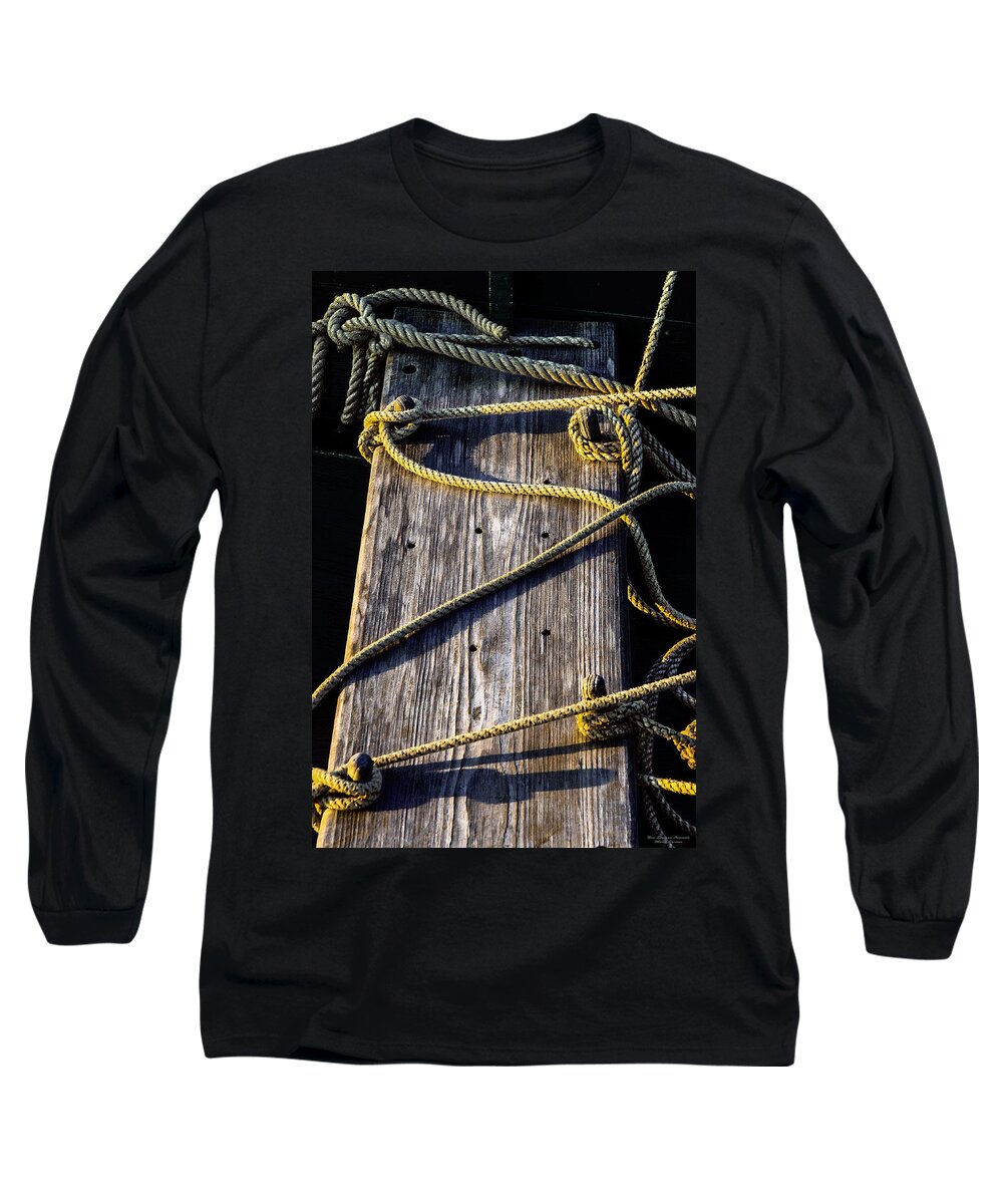 Rope And Wood Sidelight Textures Long Sleeve T-Shirt featuring the photograph Rope and Wood Sidelight Textures by Marty Saccone