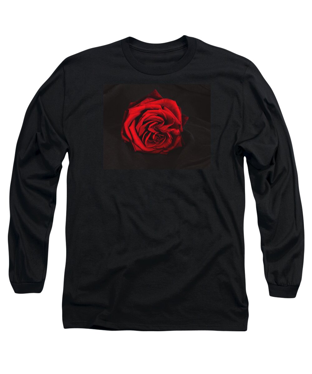 Rose Long Sleeve T-Shirt featuring the photograph Red Rose on black by Tom Conway