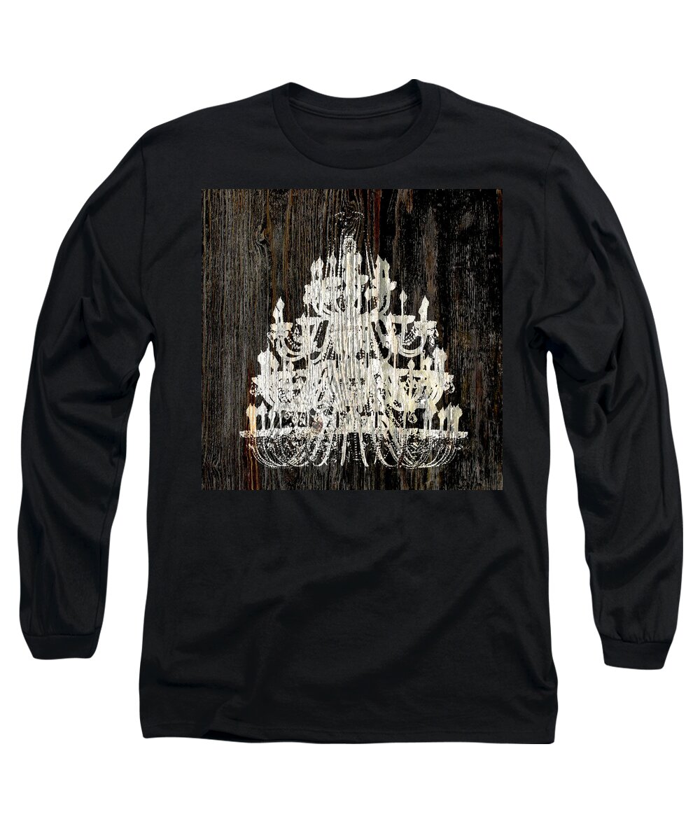 Chandelier Long Sleeve T-Shirt featuring the photograph Rustic Shabby Chic White Chandelier On Wood by Suzanne Powers