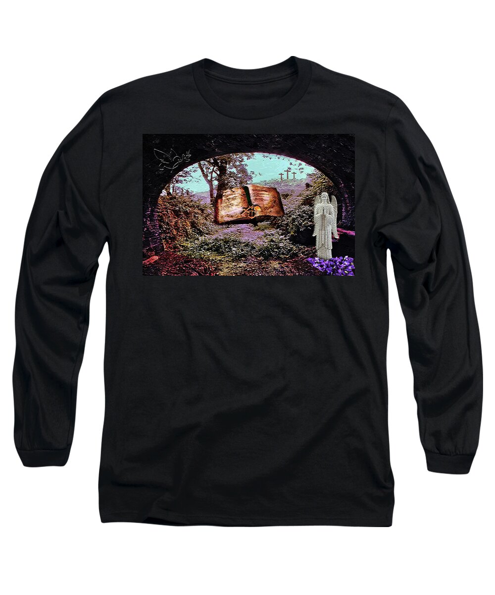 Salvation Garden Angel Bible Faith Hope Charity bird Of Peace Peace Bird Cross Crosses Outdoors Trees Sanctuary Religion Christianity Violets Nature Deliverance Soul Protection Saved Long Sleeve T-Shirt featuring the mixed media Salvation Garden by Paula Ayers