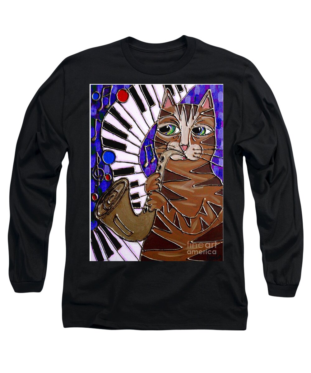 Cat Long Sleeve T-Shirt featuring the painting Sax Cat 2 by Cynthia Snyder