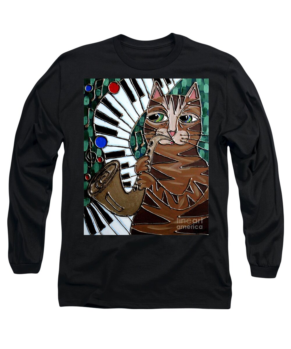 Cat Long Sleeve T-Shirt featuring the painting Sax Cat by Cynthia Snyder