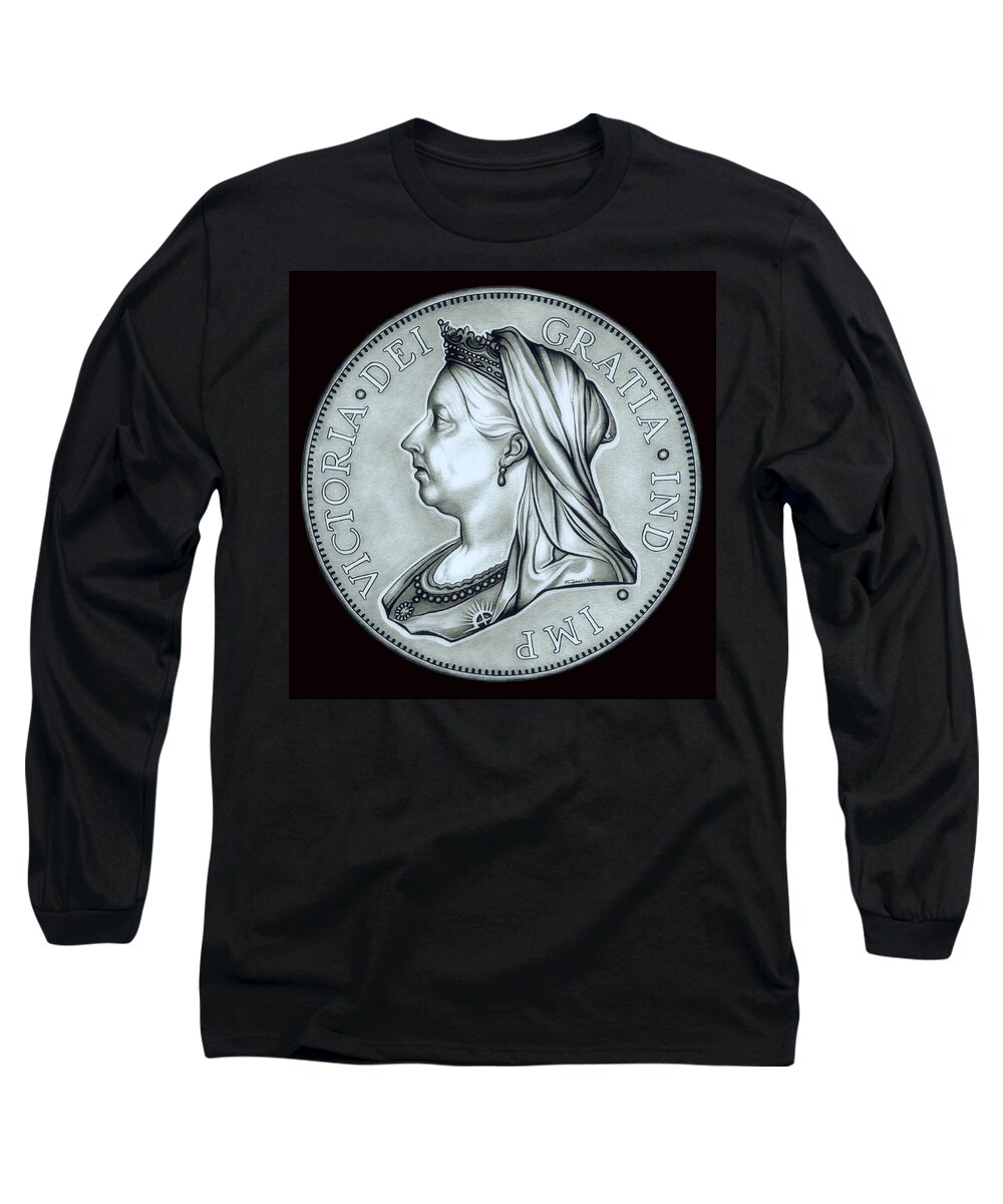 Coin Long Sleeve T-Shirt featuring the drawing Silver Royal Queen Victoria by Fred Larucci