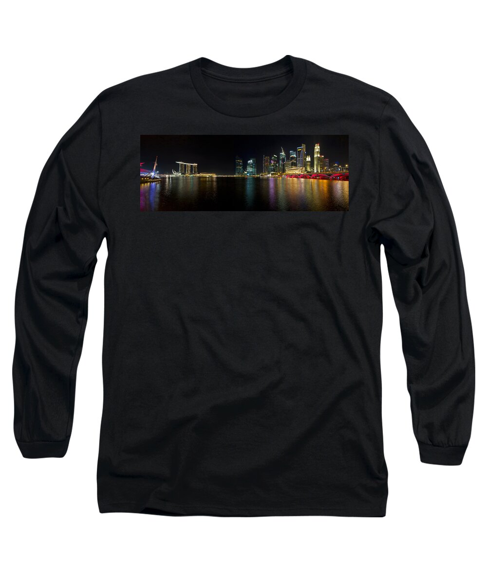 Singapore Long Sleeve T-Shirt featuring the photograph Singapore Skyline at Night Panorama by Jit Lim