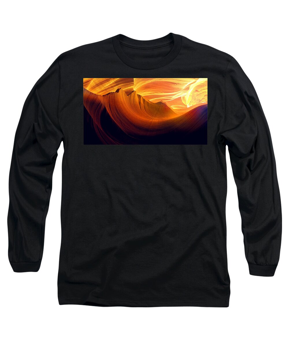 Antelope Canyon Long Sleeve T-Shirt featuring the photograph Somewhere in America series - Golden yellow light in Antelope Canyon by Lilia S