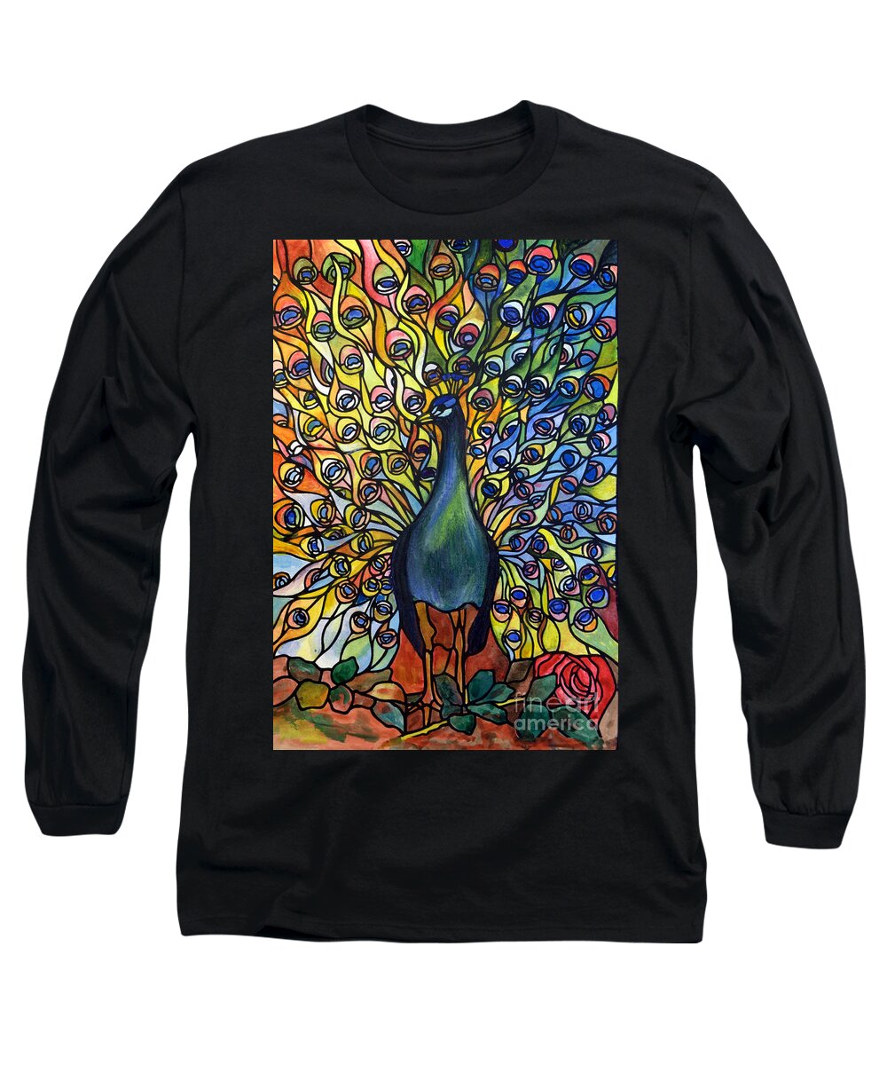 Art Long Sleeve T-Shirt featuring the painting Stained Glass Tiffany of Peacock by Donna Walsh