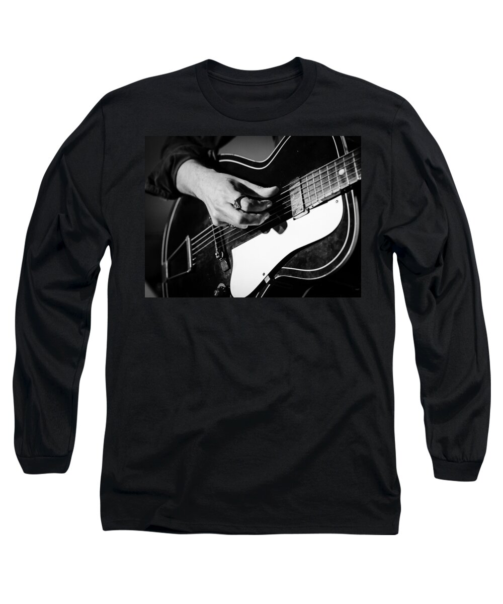 Black And White Long Sleeve T-Shirt featuring the photograph Stella Burns - Guitar close-up by AM FineArtPrints