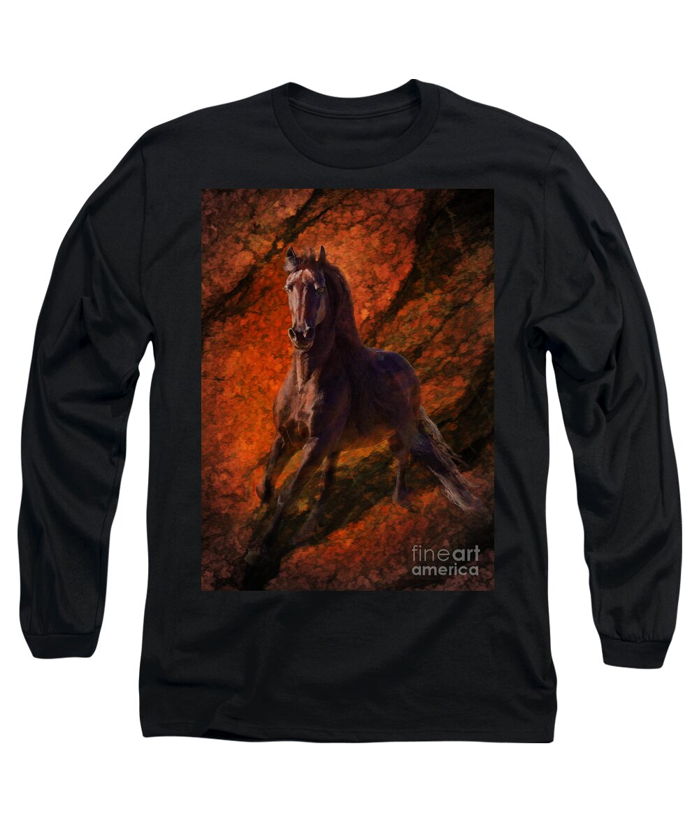 Friesian Stallion Long Sleeve T-Shirt featuring the photograph Sterling's Flight by Melinda Hughes-Berland