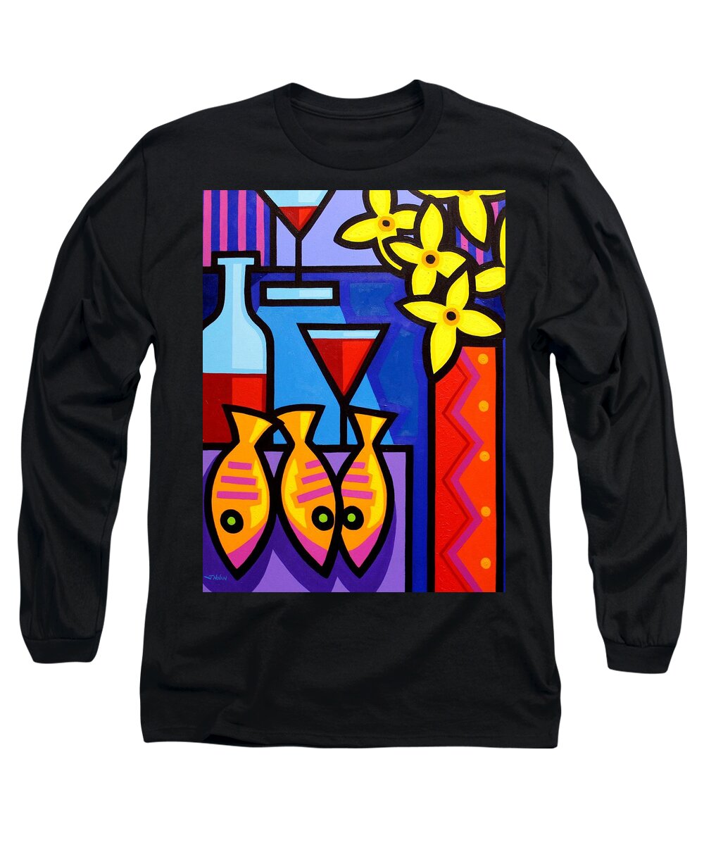 Restaurant Long Sleeve T-Shirt featuring the painting Still Life With 3 Fish by John Nolan