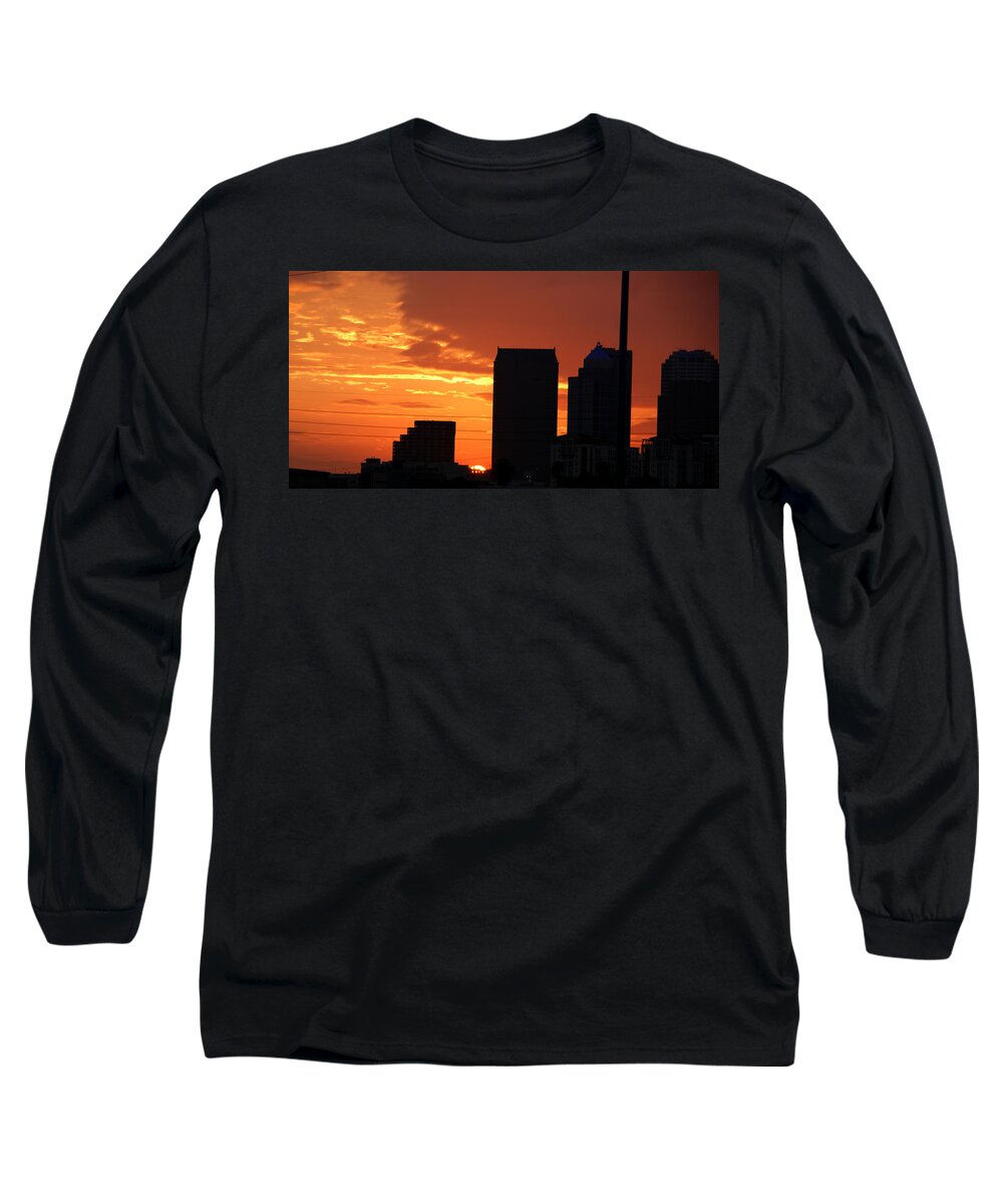 Buildings Long Sleeve T-Shirt featuring the photograph Sun setting on Downtown Tampa by Chauncy Holmes
