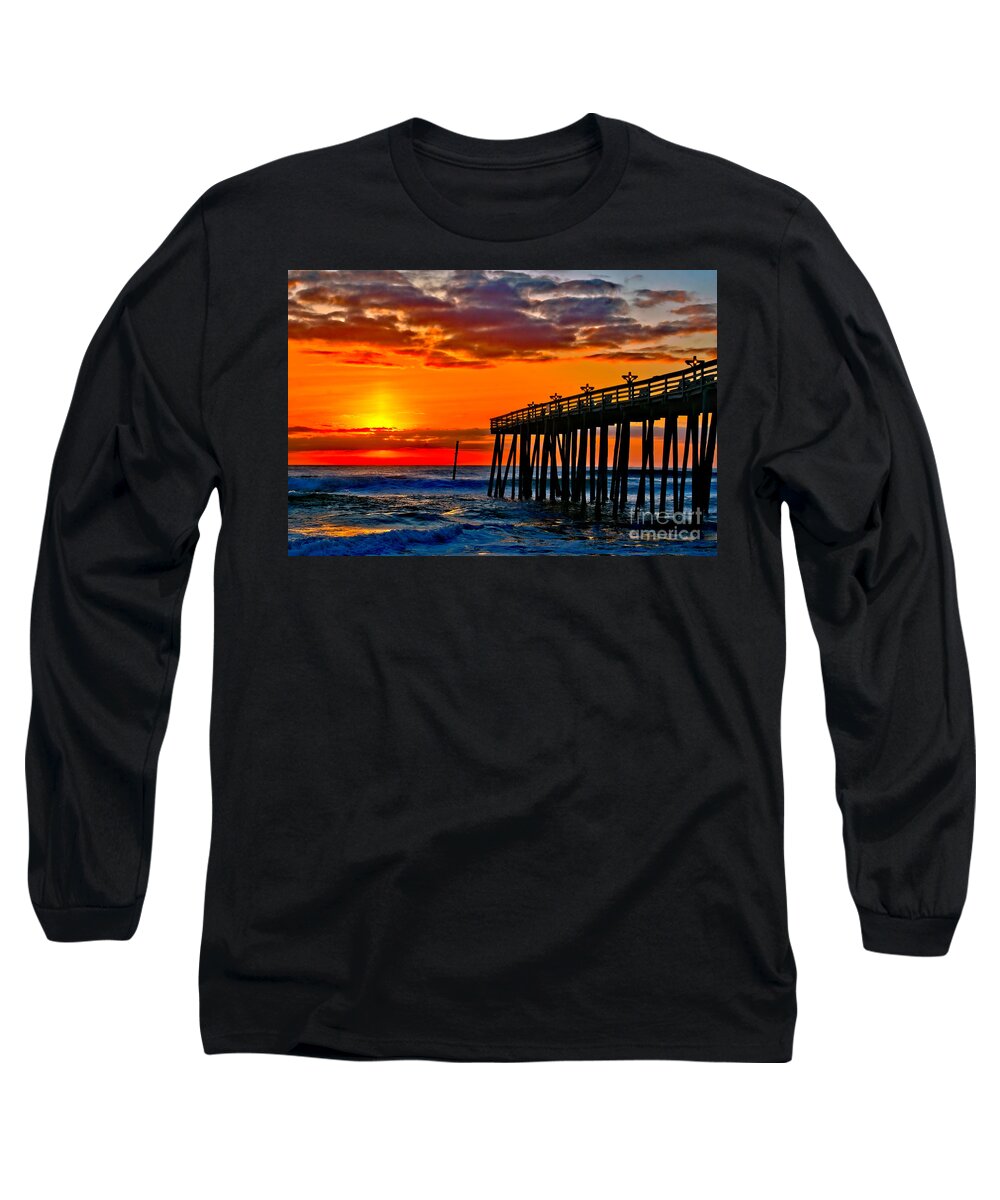 Banks Long Sleeve T-Shirt featuring the photograph Sunrise by the Pier by Nick Zelinsky Jr