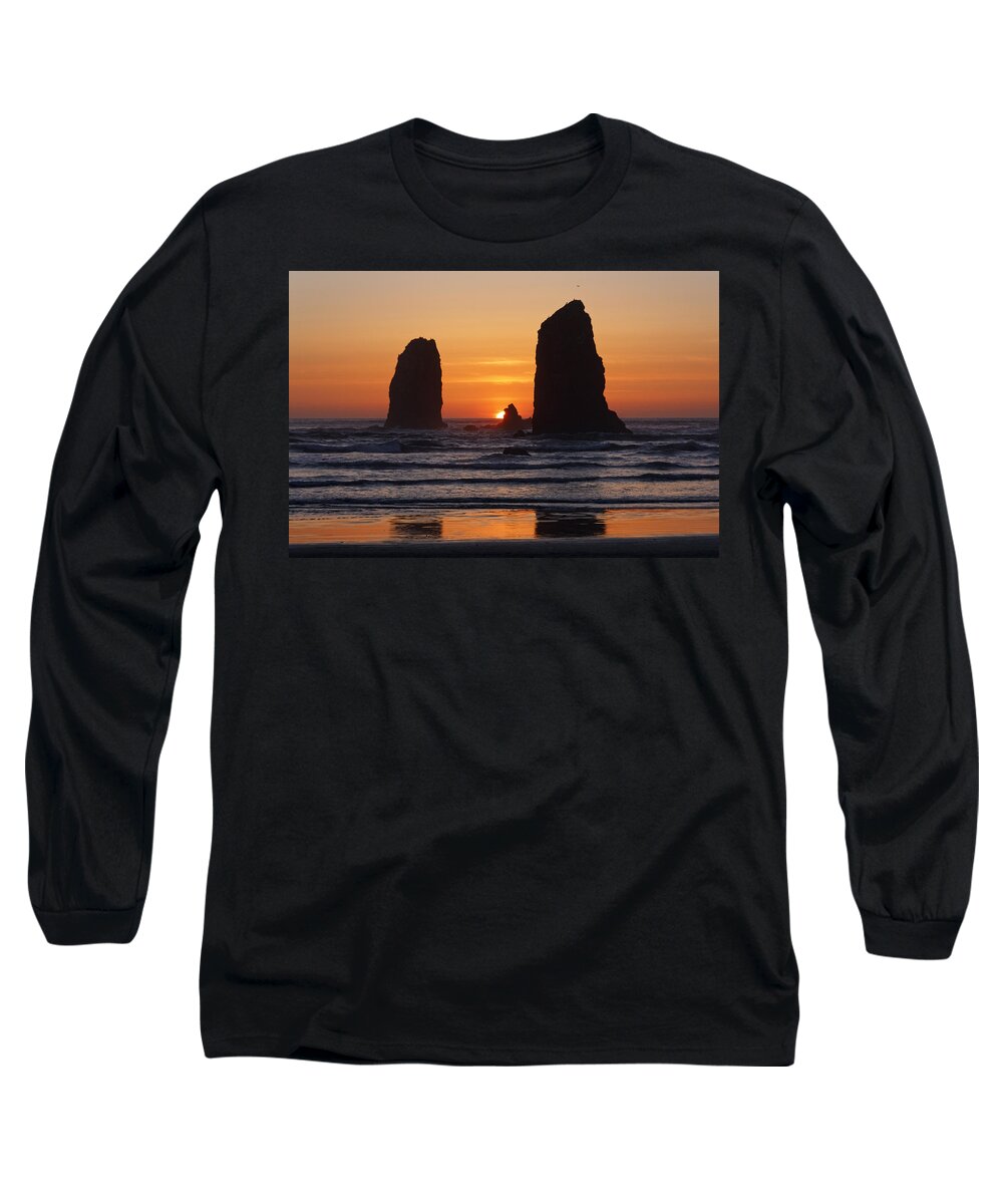 Sunset At Cannon Beach Long Sleeve T-Shirt featuring the photograph Sunset At Cannon Beach by Wes and Dotty Weber