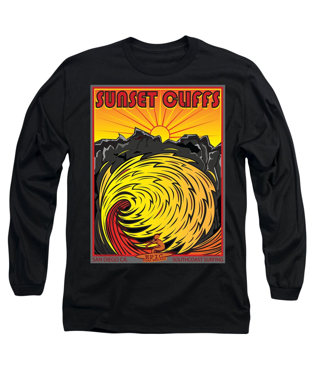 Surfing Long Sleeve T-Shirt featuring the digital art Surfing Sunset Cliffs San Diego California by Larry Butterworth
