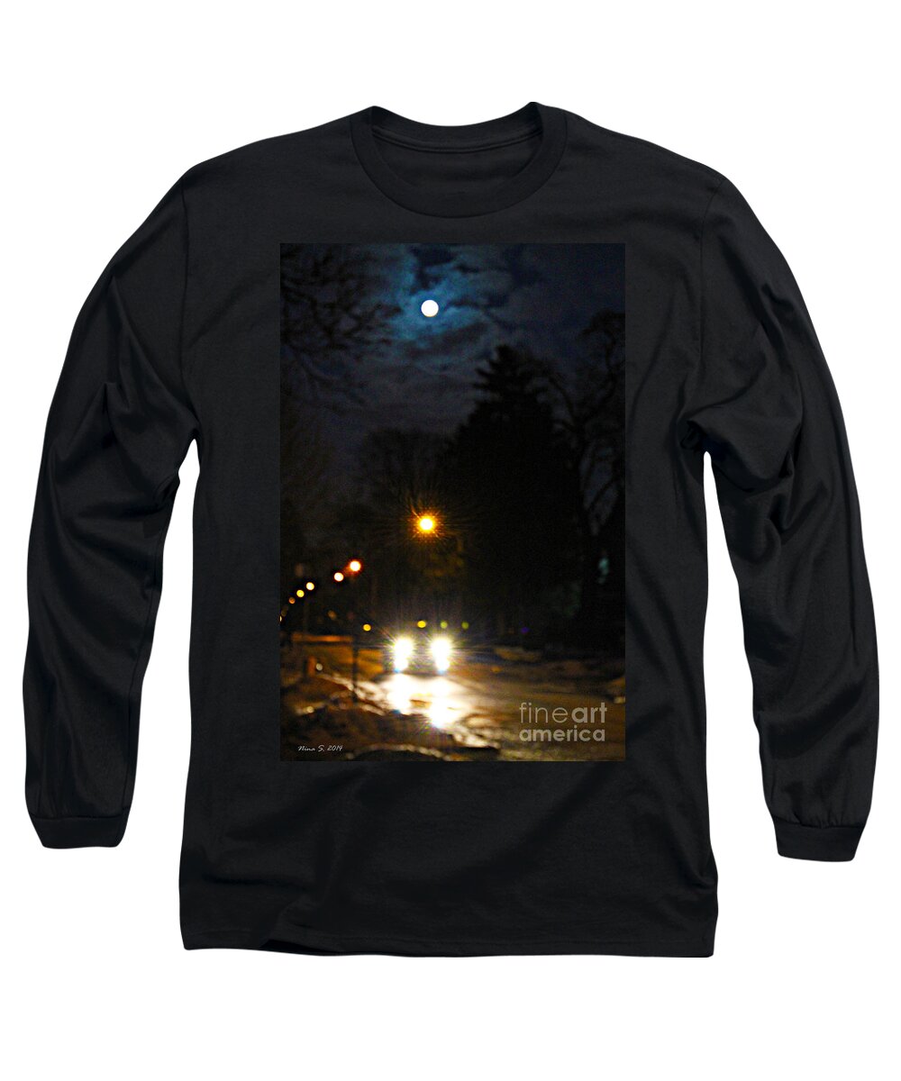 Night Long Sleeve T-Shirt featuring the photograph Taxi in Full Moon by Nina Silver