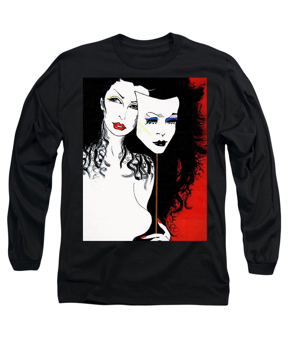 The 2 Face Girl Long Sleeve T-Shirt featuring the painting The 2 Face Girl by Nora Shepley