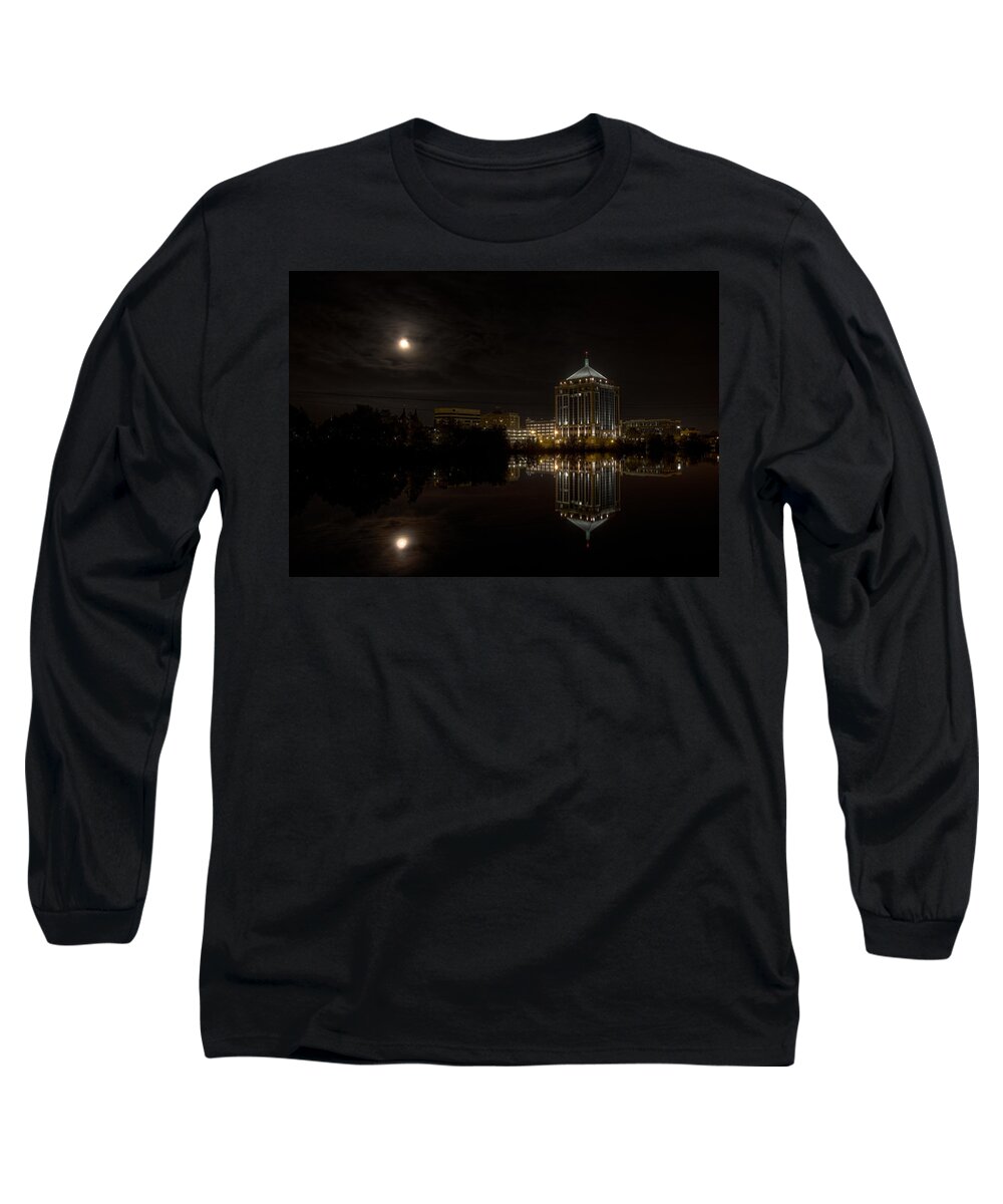 Wausau Long Sleeve T-Shirt featuring the photograph The Full Moon over the Dudley Tower by Dale Kauzlaric