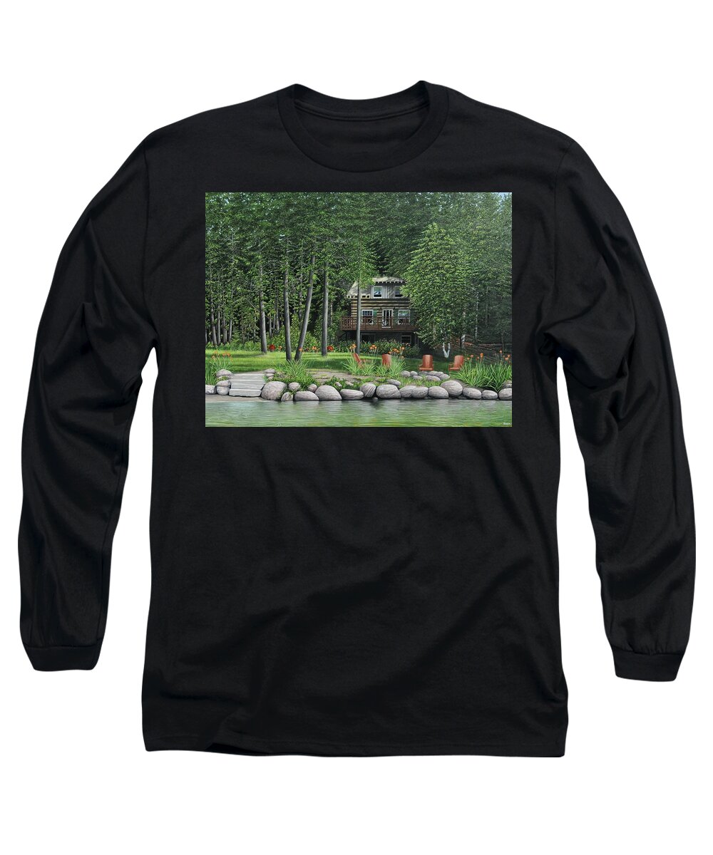 Cabin Long Sleeve T-Shirt featuring the painting The Old Lawg Caybun On Lake Joe by Kenneth M Kirsch