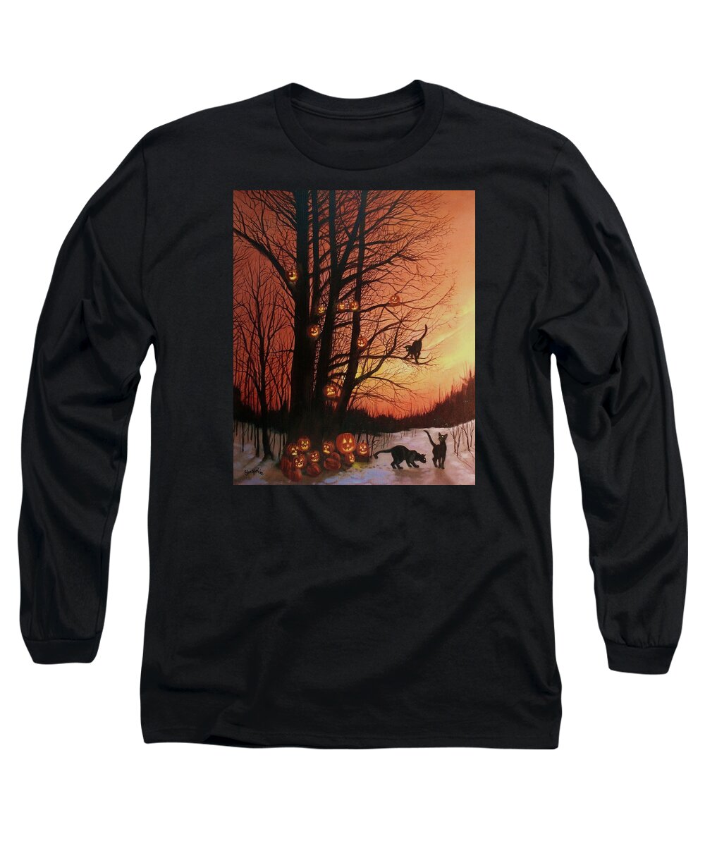 Black Cats Long Sleeve T-Shirt featuring the painting The Pumpkin Tree by Tom Shropshire