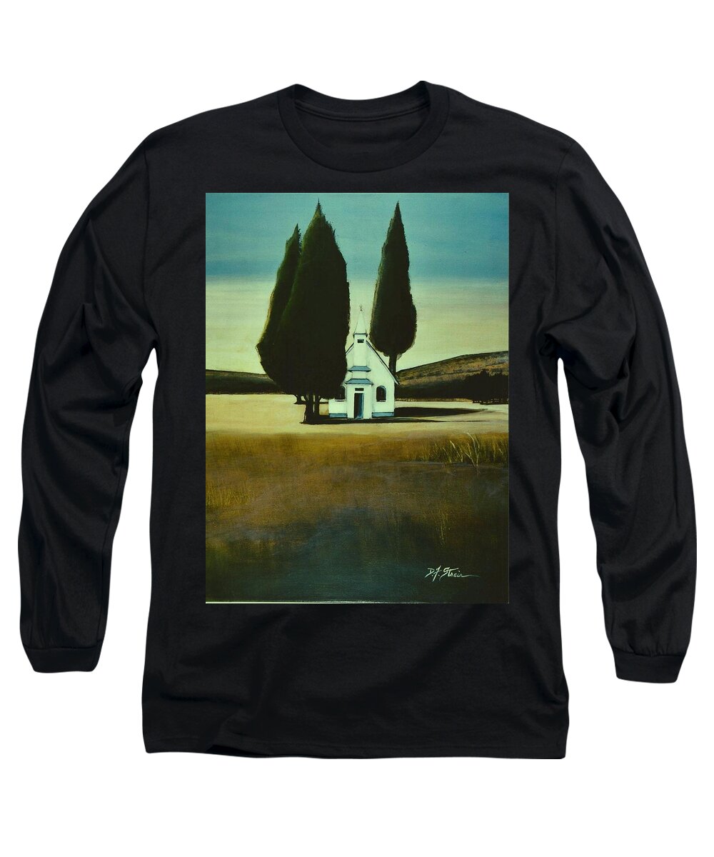 Prairie Long Sleeve T-Shirt featuring the painting Three Trees and a Church by Diane Strain