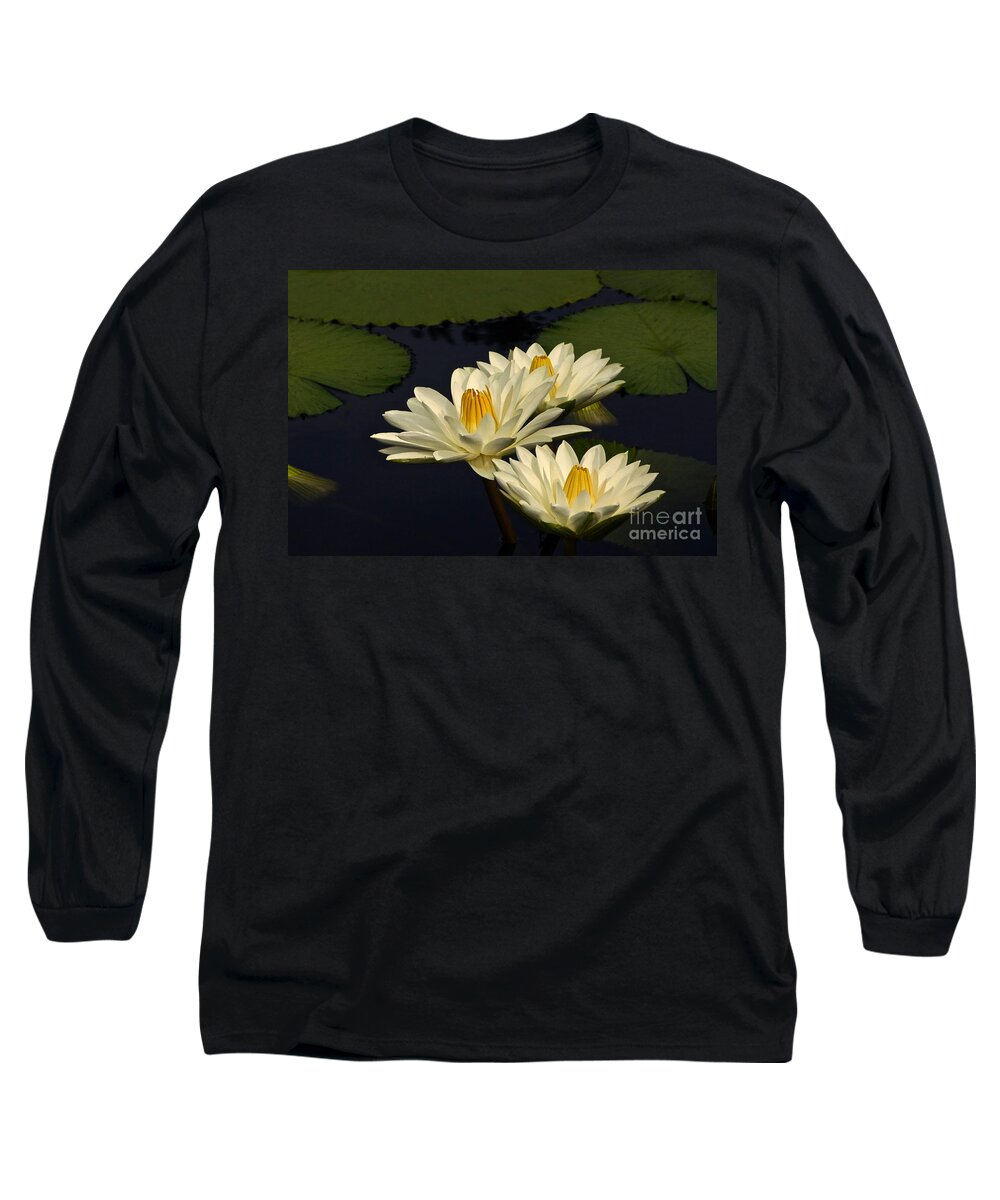 Nymphaea Long Sleeve T-Shirt featuring the photograph Three White Tropical Water Lilies by Byron Varvarigos