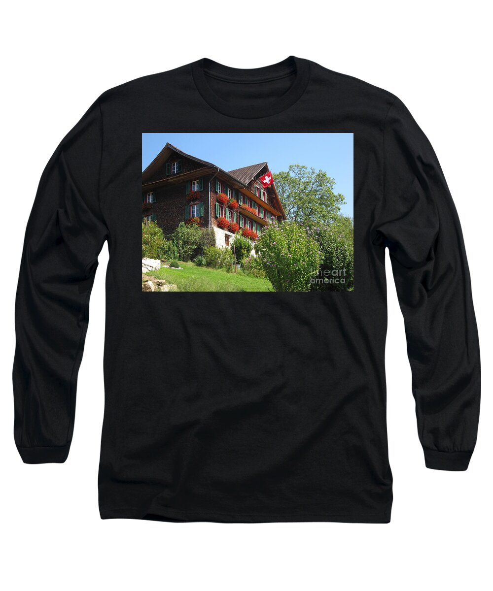 Architecture Long Sleeve T-Shirt featuring the photograph Traditional wooden Swiss House by Amanda Mohler