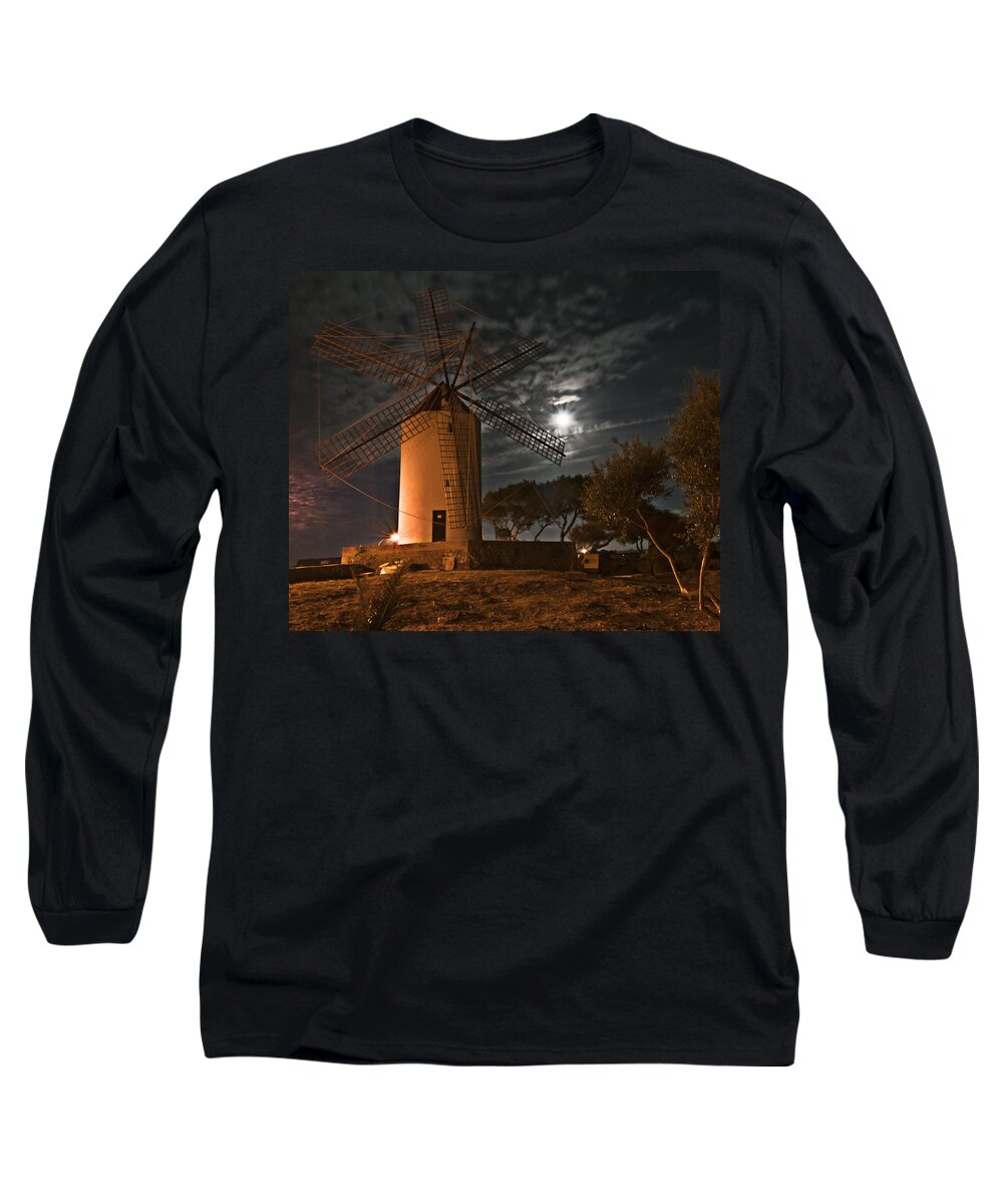 Architecture Long Sleeve T-Shirt featuring the photograph Vintage Windmill in Es Castell Villacarlos George Town in Minorca - Under the moonlight by Pedro Cardona Llambias