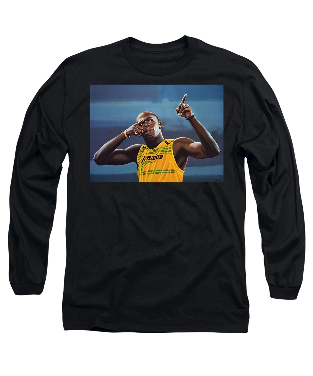 Usain Bolt Long Sleeve T-Shirt featuring the painting Usain Bolt Painting by Paul Meijering