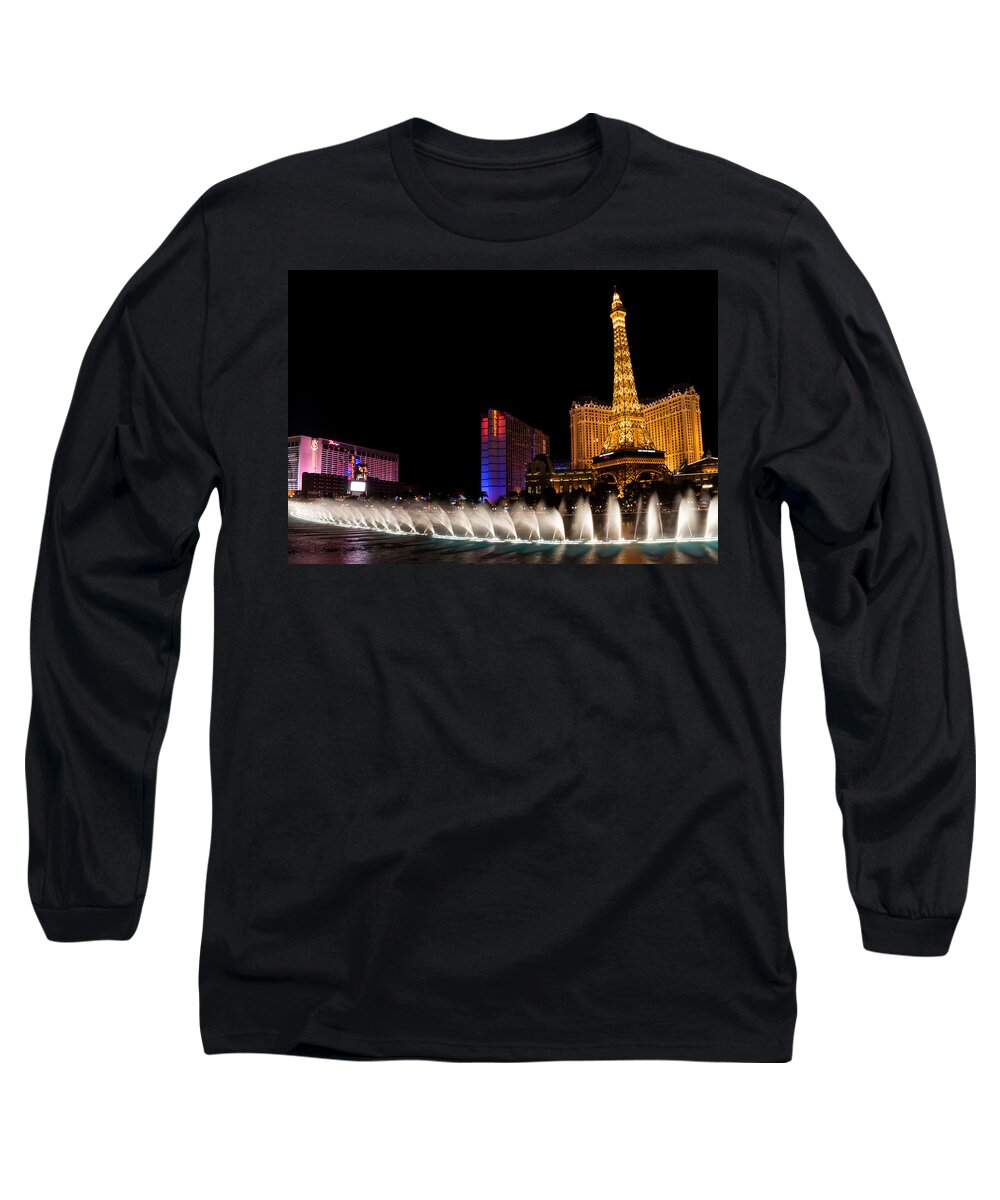 Vibrant Las Vegas Long Sleeve T-Shirt featuring the photograph Vibrant Las Vegas - Bellagio's Fountains Paris Bally's and Flamingo by Georgia Mizuleva