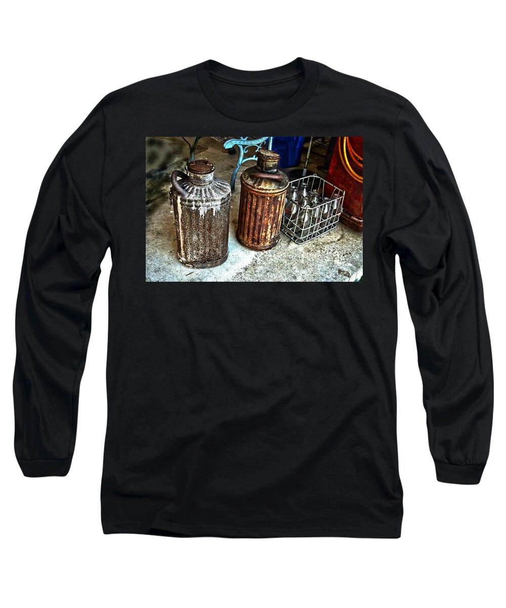Vintage Long Sleeve T-Shirt featuring the photograph HDR Vintage Art Cans and Bottles by Lesa Fine