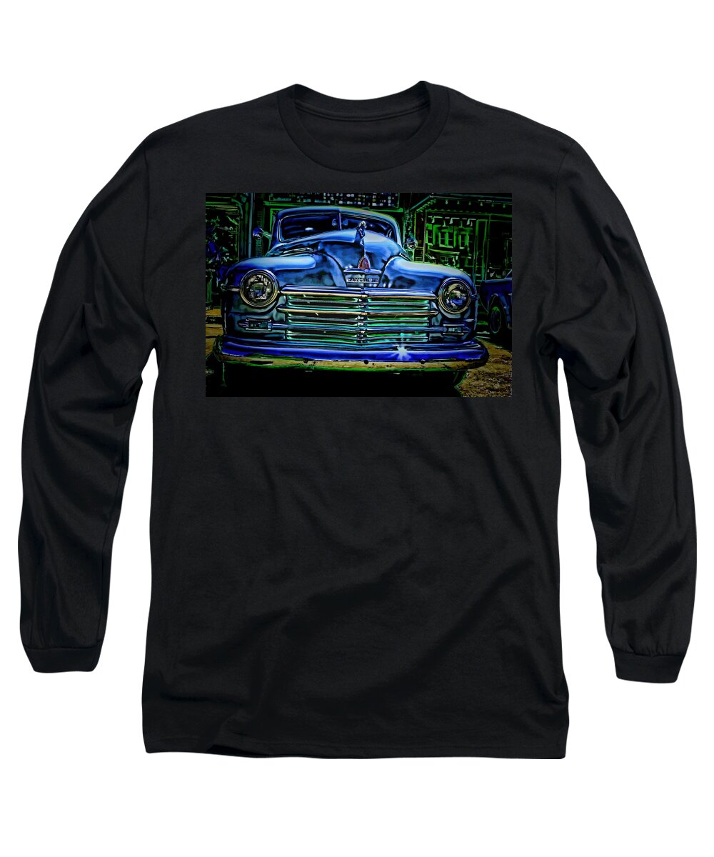 Plymouth Long Sleeve T-Shirt featuring the mixed media Vintage Plymouth Navy Metalic Art by Lesa Fine