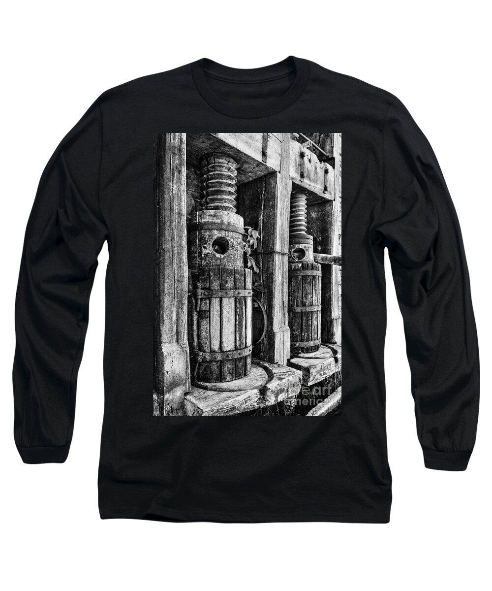 Wine Press Long Sleeve T-Shirt featuring the photograph Vintage Wine Press BW by James Eddy