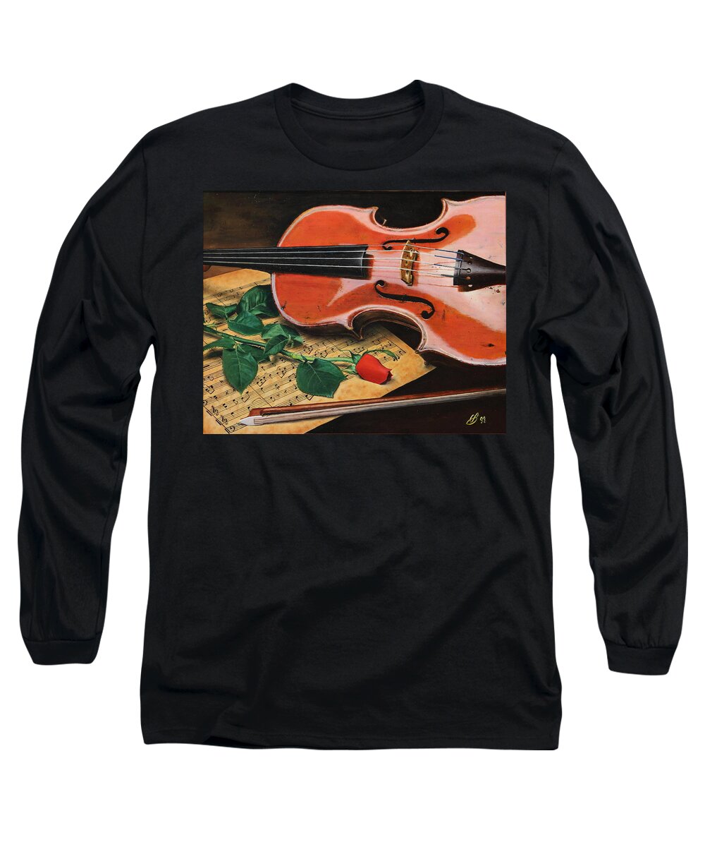 Still Life Long Sleeve T-Shirt featuring the painting Violin And Rose by Glenn Beasley