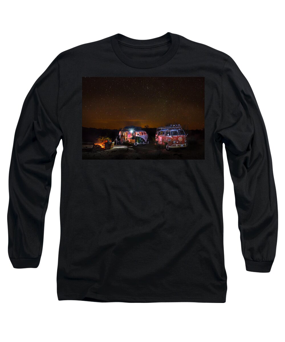 Bus Long Sleeve T-Shirt featuring the photograph VW Microbuses Camping Under The Desert Stars by Richard Kimbrough