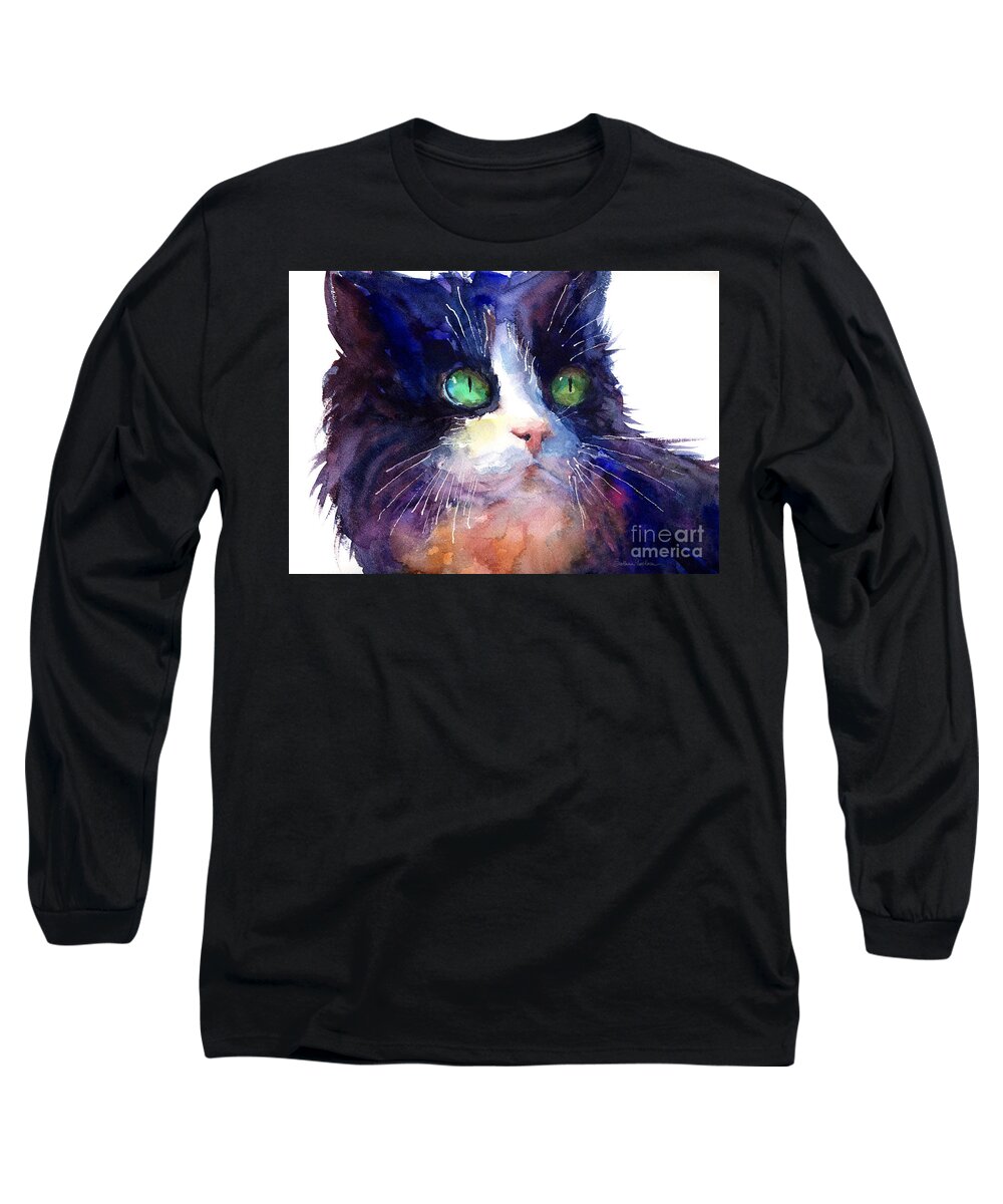 Cat Long Sleeve T-Shirt featuring the painting Watercolor Tuxedo tubby Cat by Svetlana Novikova