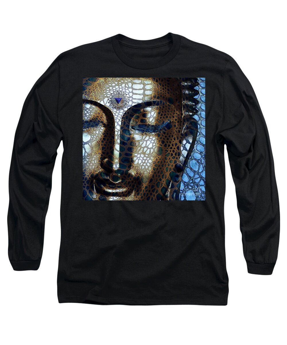 Buddha Long Sleeve T-Shirt featuring the digital art Web of Dharma - Modern Blue Buddha Art by Christopher Beikmann