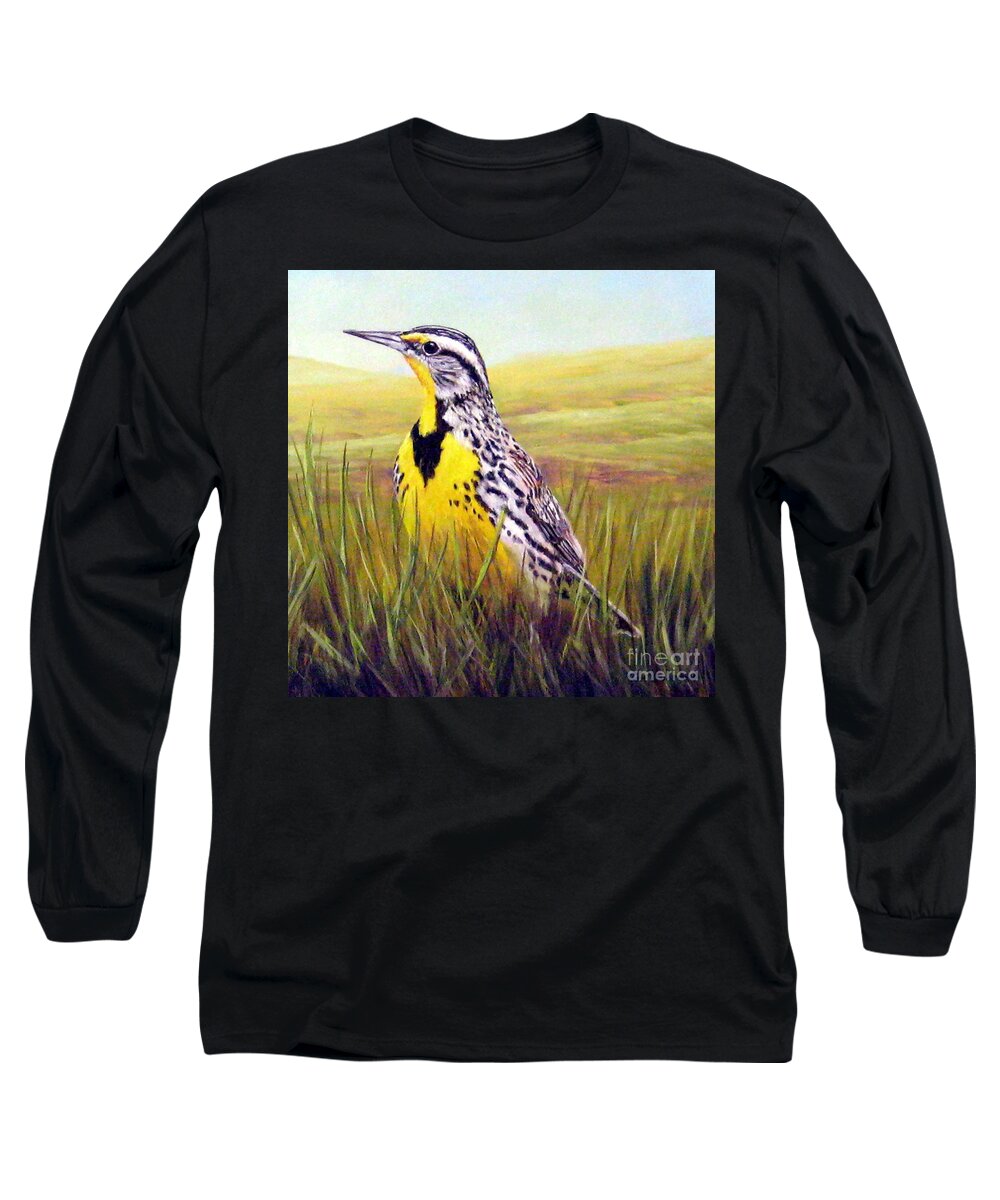 Birds Long Sleeve T-Shirt featuring the painting Western Meadowlark by Tom Chapman