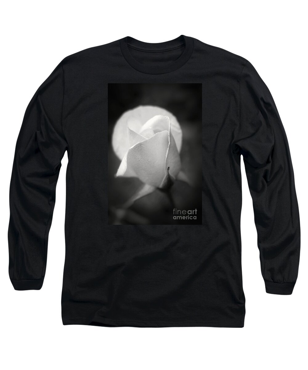 White Rose Long Sleeve T-Shirt featuring the photograph White Rose Moonlight Glow - Black and White Flower Photography by Ella Kaye Dickey