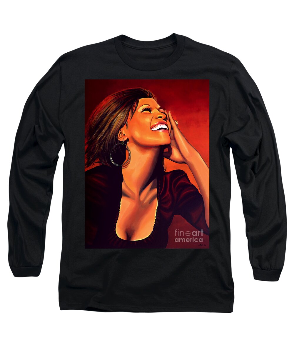 Whitney Houston Long Sleeve T-Shirt featuring the painting Whitney Houston by Paul Meijering