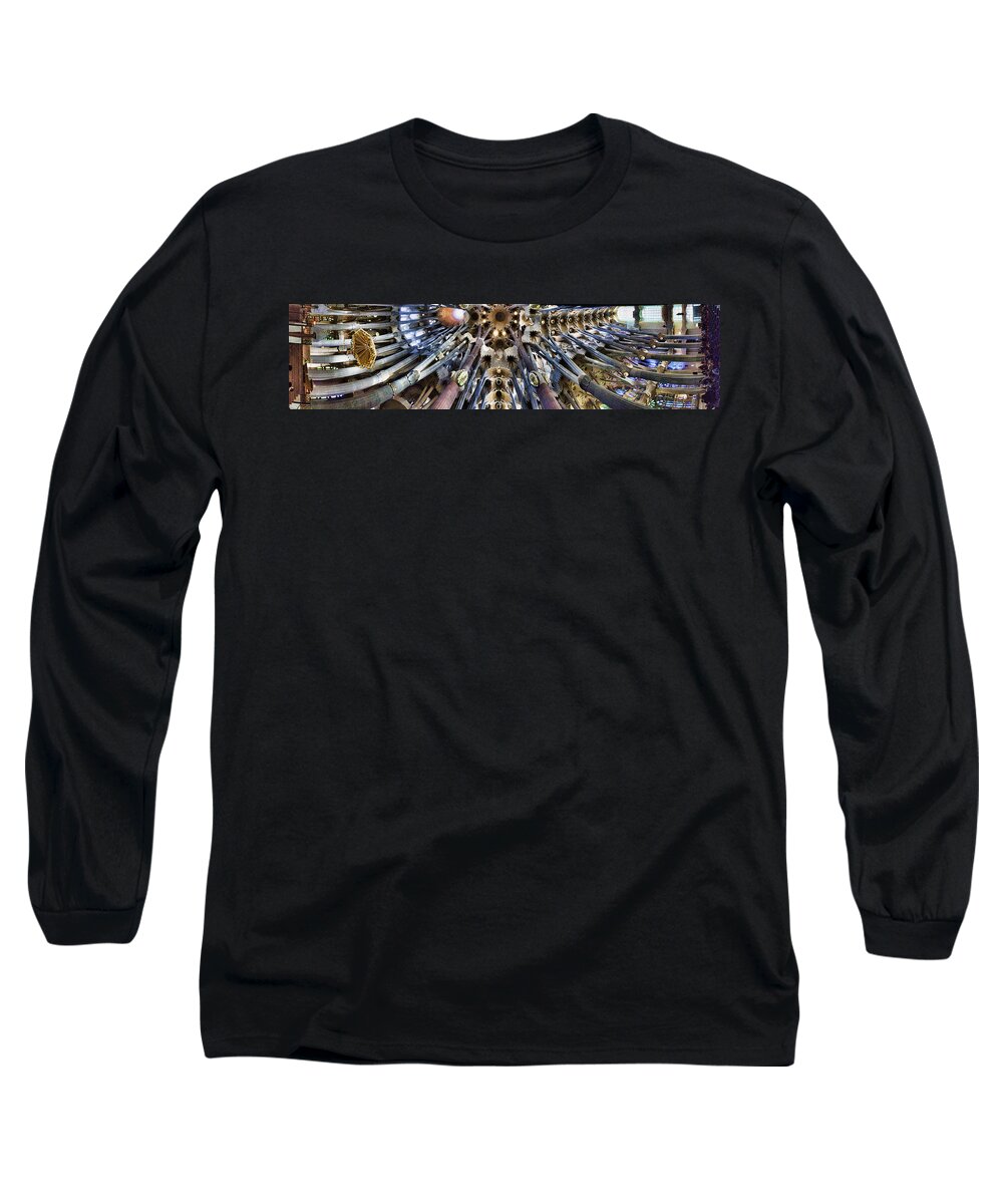 Cathedral Long Sleeve T-Shirt featuring the photograph Wide Panorama of the interior Ceiling of Sagrada Familia in Barcelona by David Smith