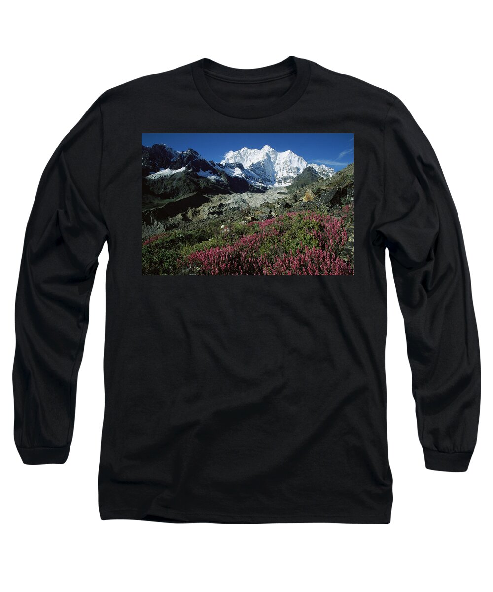 Feb0514 Long Sleeve T-Shirt featuring the photograph Wildflowers And Kangshung Glacier by Colin Monteath