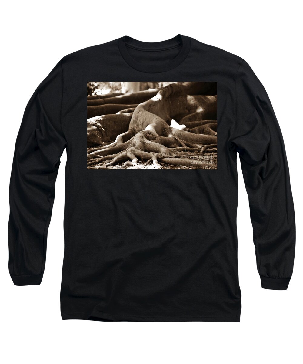 Roots Of Fig Tree Shot Low In Sepia. Long Sleeve T-Shirt featuring the photograph Fig Tree Roots #1 by Angela Murray