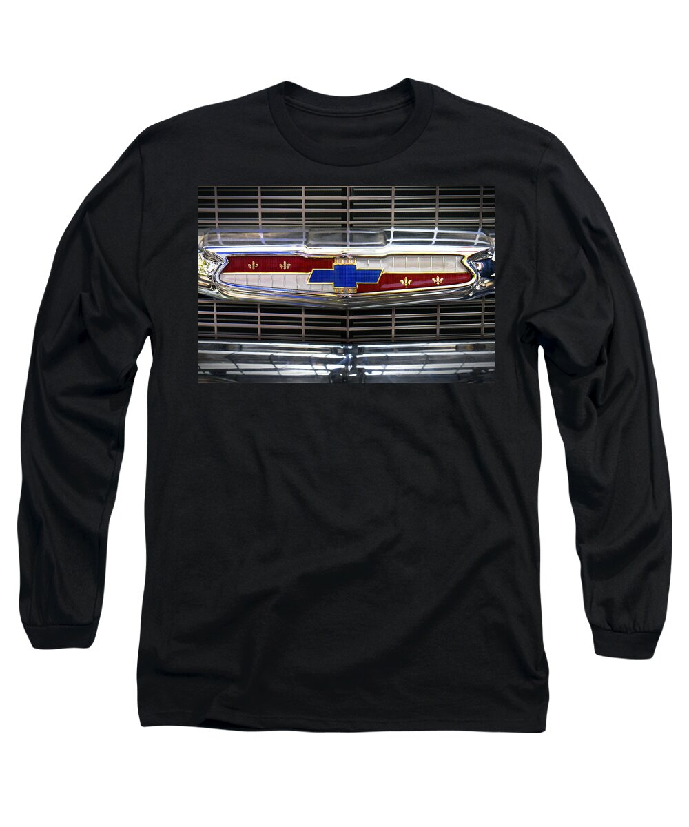 Transportation Long Sleeve T-Shirt featuring the photograph 1956 Chevrolet Grill Emblem by Mike McGlothlen